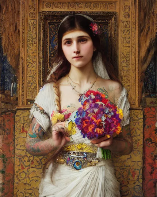 Image similar to a beautiful girl in a wedding dress with colourful tattoos surrounded by colourful flowers orientalist intricate portrait by john william waterhouse and edwin longsden long and theodore ralli and nasreddine dinet, oil on canvas. cinematic, hyper realism, dramatic lighting, high detail 8 k