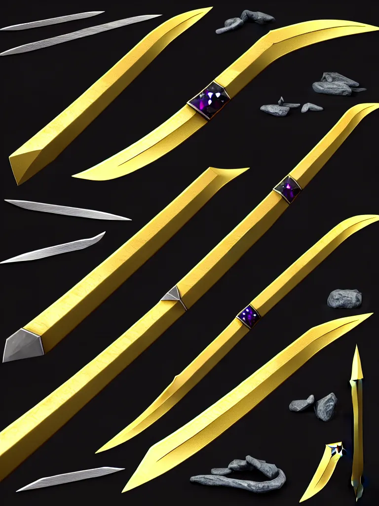 Image similar to magic long sword, proportional image, runed, black background, 3 d octane render, blade, sharp, gold, gems, cryptoblades
