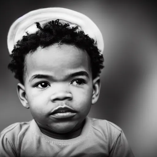 Prompt: the face of young chance the rapper at 1 years old, black and white portrait by julia cameron, chiaroscuro lighting, shallow depth of field, 8 0 mm, f 1. 8