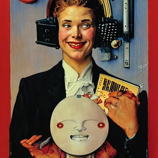 Prompt: portrait of a dapper cyberpunk woman, with a smile that hurts her face, by norman rockwell
