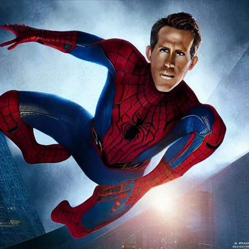 Prompt: ryan reynolds as spider - man, wearing a black and blue suit, cinematic, volumetric lighting, f 8 aperture, cinematic eastman 5 3 8 4 film, photorealistic by greg rutkowski, by stanley artgerm, by alphonse mucha