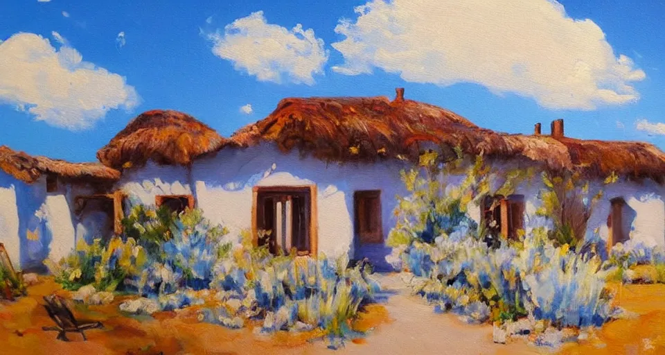 Prompt: an expensive adobe house, blue sky with clouds, beautiful painting, oil on canvas, by ewa czarniecka, award winning masterpiece,