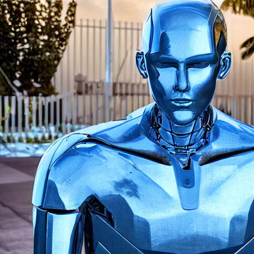 Prompt: made of ice, a realistic detailed photo of a guy who is an attractive humanoid who is half robot and half humanoid, who is a male android, on display, blank stare, showing off his muscles, shiny skin, posing like a statue, by the pool, frozen ice statue, twitch streamer / gamer ludwig, humanoid robot