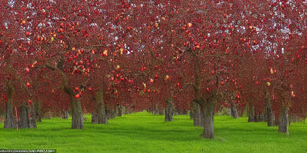 Prompt: a supernatural grove of incredibly tall apple trees with branches laden with red apples, trunks stretch and twine upwards forming a vast colonnades that extend out in thin rows far into the distance, rolling hillocks of lush green grass, translucent leaves forming unbroken thick canopy set alight with a fragile late-afternoon sunlight that refracts off the apples brushed pink and red with exposure, a slight mist wafts through the trunks, arthurian legend ynys afallach avalon isle of apples, by Darek Zabrocki, Marcin Rubinkowski, Lorenzo Lanfranconi, Oleg Zherebin, Karlkka, trending on Artstation deviantart