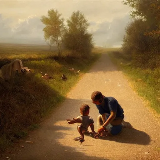 Image similar to painting of a man feeding a poor boy on a country road, surreal highly detailed, artstion greg rutkowski