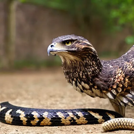 Image similar to hawk and rattlesnake mutant animal , realistic, picture taken in zoo