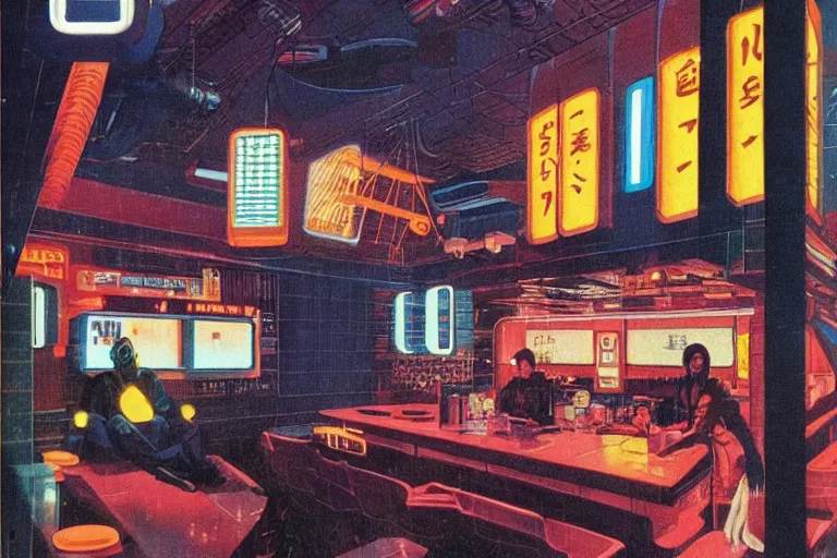 Image similar to 1979 OMNI Magazine Cover of a cozy bar interior in neo-tokyo in cyberpunk style by Vincent Di Fate. Product advertisement