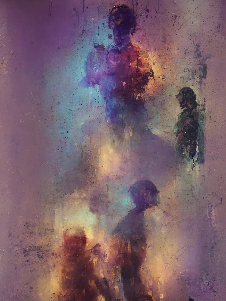 Prompt: a beautiful glitched oil painting by robert proch of a man standing with his phone in front of a bathroom mirror, anatomy study of the human nervous system, color bleeding, pixel sorting, copper oxide and rust materials, brushstrokes by jeremy mann, cold top lighting, pastel purple background