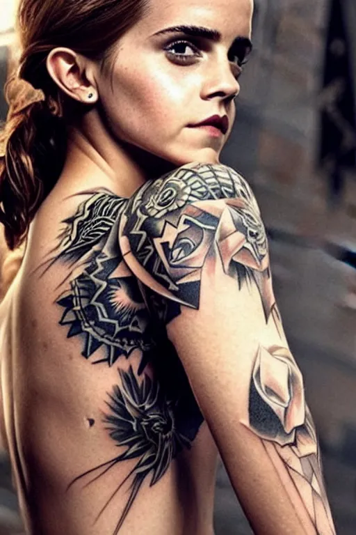 Image similar to emma watson, dope tattoo, hyperrealistic