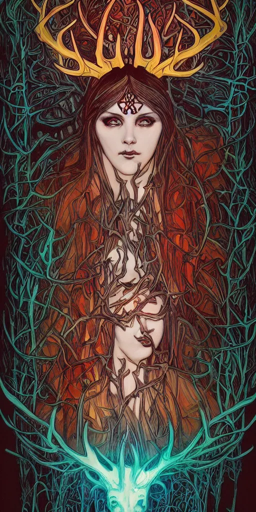 Image similar to intense glowing black metal pagan god with antlers and veins and intense glowing eyes with a skull in very dark forest by artgerm and alphonse mucha, portrait, fantasy, clear, red and teal and yellow, light beams, lens flare, intense, uhd, amazing depth, cinematic lighting