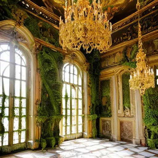 Prompt: a dream about opulent, ornate, abandoned overgrown Palace of Versailles, lush plants growing through the floors and walls, walls are covered with moss and vines, beautiful, dusty, golden volumetric light shines through giant broken windows, golden rays fill the space with warmth, rich with epic details, dreamy atmosphere and drama