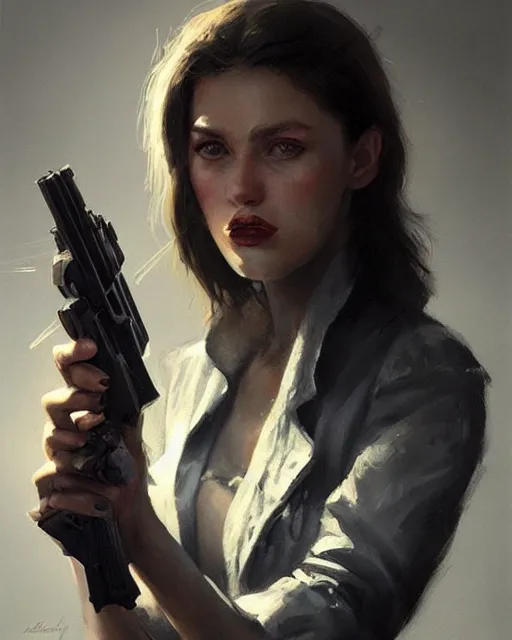 Image similar to Hyper realistic painting of a girl holding a gun, noir, hyper detailed, by greg rutkowski, trending on artstation