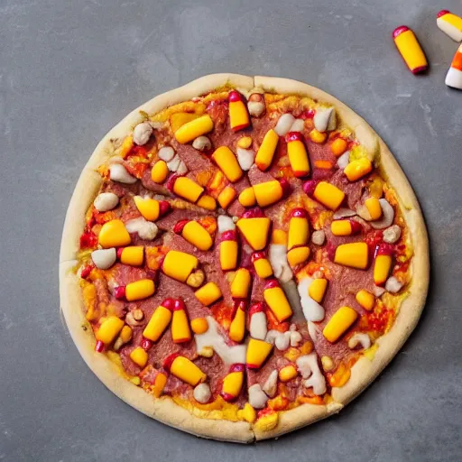 Prompt: photo of candy corn pizza