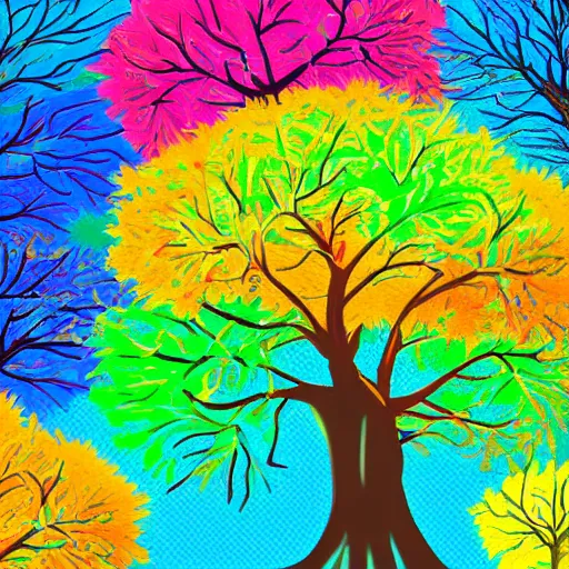 Prompt: colorful tree of life with tangled branches and roots