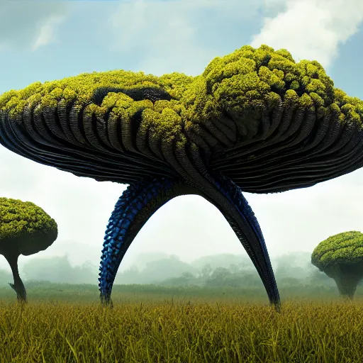 Image similar to large fields,bio-inspired design,neri oxman,alien nature,organic growth, panoramic,boris vallejo style,photorealistic,unreal engine 5,octane render