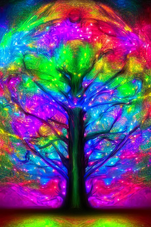 Prompt: a painting of a tree with colorful lights, digital art by art green, shutterstock contest winner, psychedelic art, fractalism, mystical, tesseract