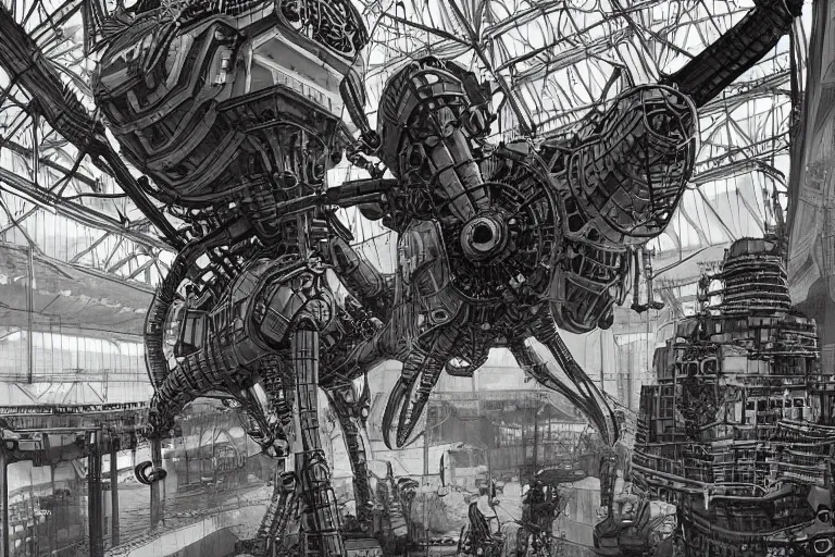 Image similar to dieselpunk huge robotic dragonfly, inside an gigantic underground concrete doom hangar, interior structure, drains, storm drains, jungle, vines, algea, cables, panels, walls, ceiling, floor, doors, brutalist architecture, intricate ink drawing, highly detailed in the style of Ashley Wood, moebius and Tsutomu Nihei, photorealistic, cinematic, intricate detail, well lit,