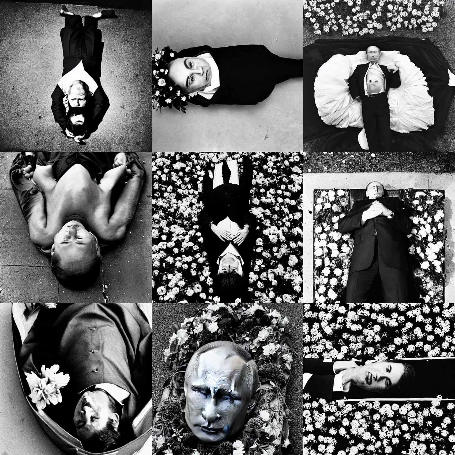 Prompt: vladimir putin lying dead in a black coffin with flowers around him. top down view symmetrical detailed professional 3 5 mm black and white photo by don mccullin and anders petersen world press photo award