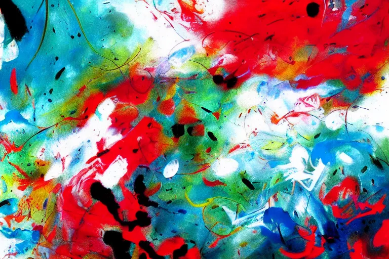 Prompt: abstract painting of a turbulence of life in spring by miro, flowers, acryclics, ink, blue and green and red tones, white background, dynamic splashes, some pouring techniques, black ink curves, chaotic patterns, textures, some relief effects, artstation, deviantart, pinterest