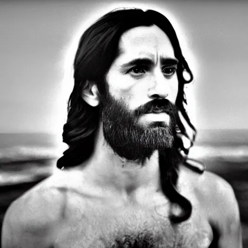 Image similar to photograph portrait of Jesus Christ, B&W, Vogue photoshoot, modelling photography, taken on 1970s kodak camera, grainy, fashionable, 4k, very realistic, hiper detailed