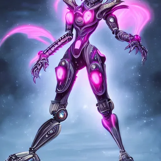 Image similar to highly detailed exquisite fanart, of a beautiful female warframe, but as an anthropomorphic elegant robot female dragoness, glowing eyes shiny, and smooth off-white plated armor, bright Fuchsia skin beneath the armor, sharp claws, robot dragon four fingered hands, and robot dragon three clawed feet, standing elegant pose, full body and head shot, epic cinematic shot, professional digital art, high end digital art, singular, realistic, DeviantArt, artstation, Furaffinity, 8k HD render, epic lighting, depth of field