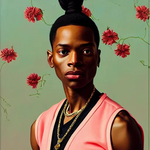 Prompt: A portrait of a skinny stylish and attractive non-binary person, oil painting by Kehinde Wiley, majestic, detailed, high resolution