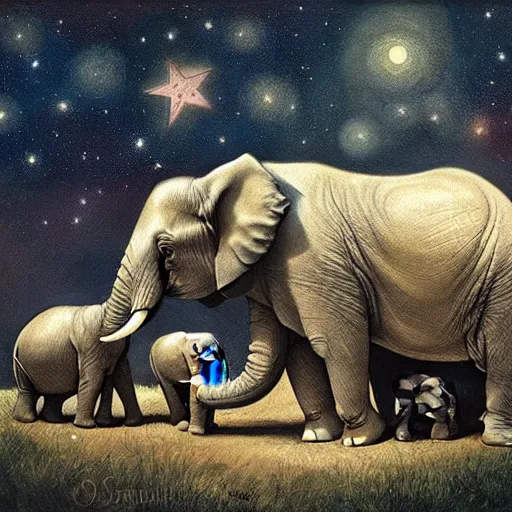 Image similar to two adult elephants and a baby elephant sleeping soundly under a starry sky surrounded by savannah, illustration, detailed, smooth, soft, warm, by Adolf Lachman, Shaun Tan