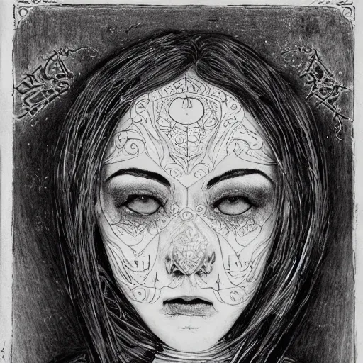 Prompt: 'A vintage photo, victoriana, bw, creepy, atmospheric 'The golden face of sadness' description 'Hermetic Order of the occult princess' portrait, character design, worn, dark, manga style, extremely high detail, photo realistic, pen and ink, intricate line drawings, by MC Escher,  Junji Ito, Yoshitaka Amano, Ruan Jia, Kentaro Miura,