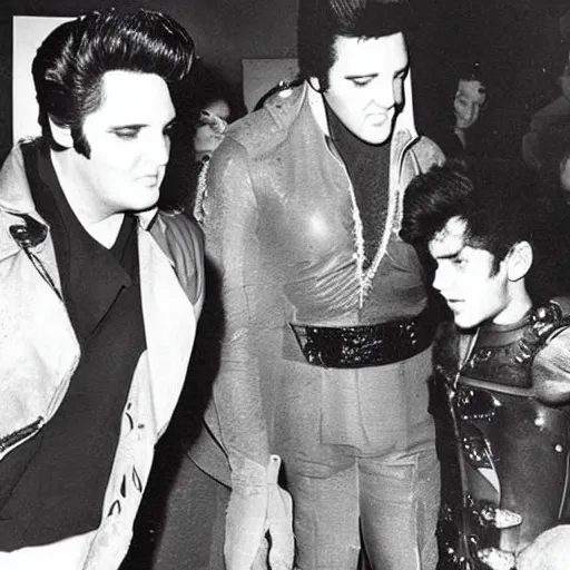 Image similar to photograph of elvis meeting aliens from another world, in alien spaceship