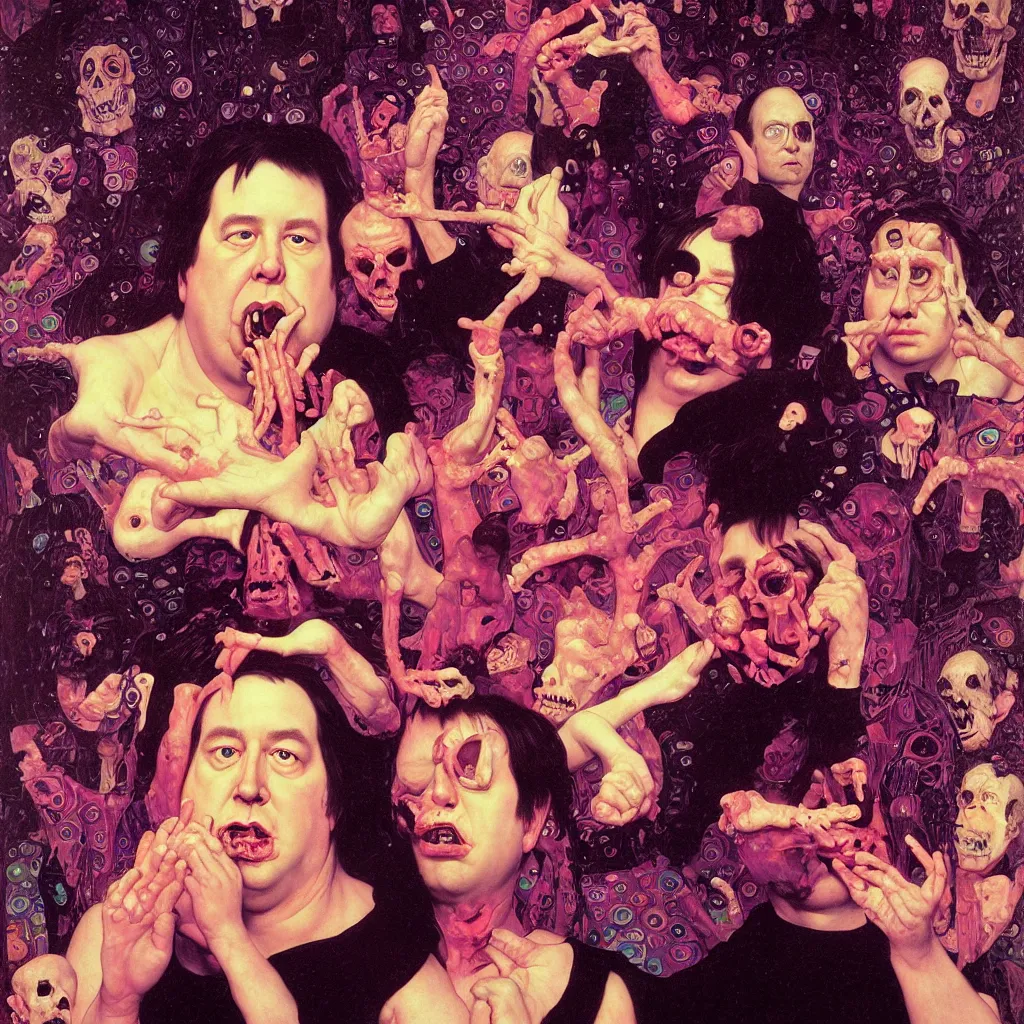 Image similar to weird and disturbing portrait of bill hicks todd solondz puking bones, vivid colors, neon, art by ( ( ( kuvshinov ilya ) ) ) and wayne barlowe and gustav klimt and artgerm and wlop and william - adolphe bouguereau