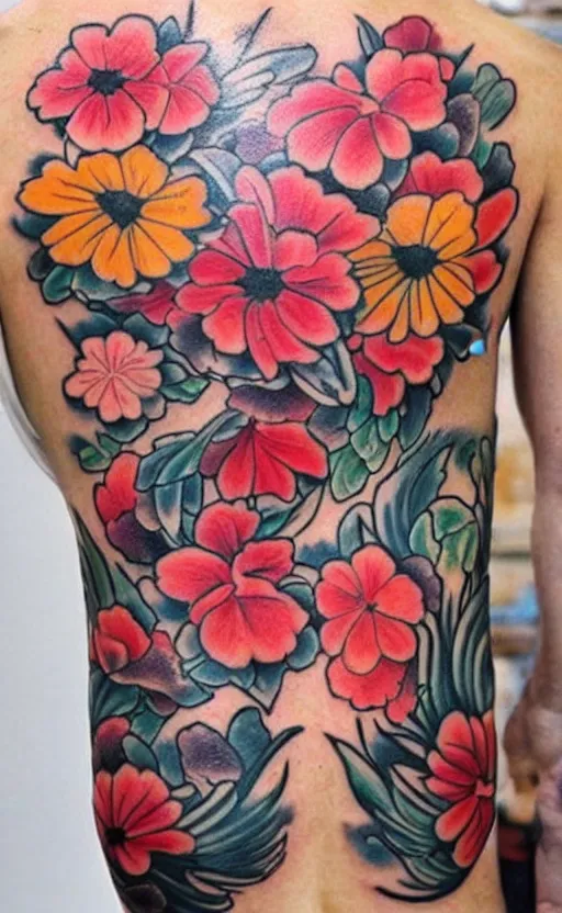 Image similar to flowers as fireworks irezumi tattoos 9