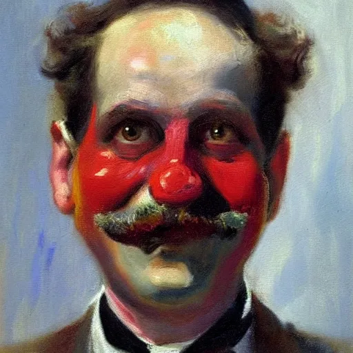 Image similar to detailing character concept portrait of clown by John Singer Sargent, on simple background, oil painting, middle close up composition