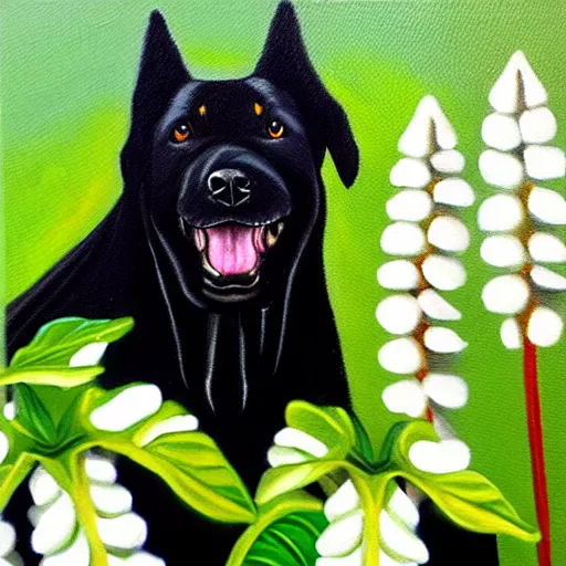 Image similar to oil painting of a black dog bearing its fangs next to white brugmansia suavolens flowers, with a dark background