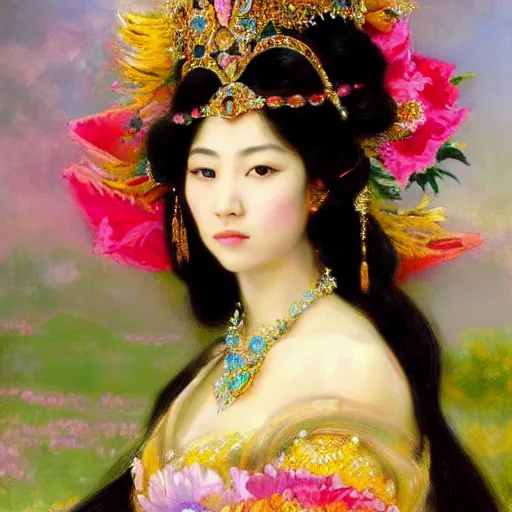 Prompt: a close - up detailed realistic oil painted portrait of a stunning beautiful asian fantasy princess with flowing hair, wearing colorful ornate headdress, flowers, and jewelry, in the style of john singer sargent. raphaelite