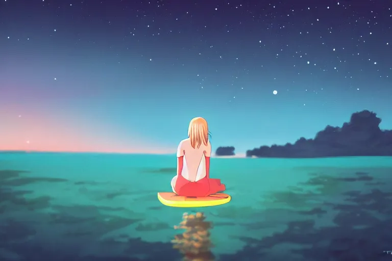 Image similar to anime woman sitting on surf board, tropical island, night time, wide angle, by studio ghibli, yuumei, anime, hazy, foggy, ambient lighting, cottagecore,