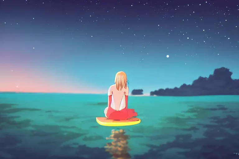 Prompt: anime woman sitting on surf board, tropical island, night time, wide angle, by studio ghibli, yuumei, anime, hazy, foggy, ambient lighting, cottagecore,