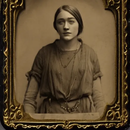 Image similar to Tintype photograph of Saoirse Ronan as a Irish ethnographic subject. 1920s studio lighting.