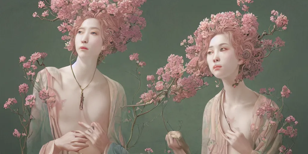 Image similar to breathtaking detailed weird concept art painting of few goddesses of light pink flowers, orthodox saint, with anxious, piercing eyes, ornate background, amalgamation of leaves and flowers, by Hsiao-Ron Cheng, extremely moody lighting, 8K