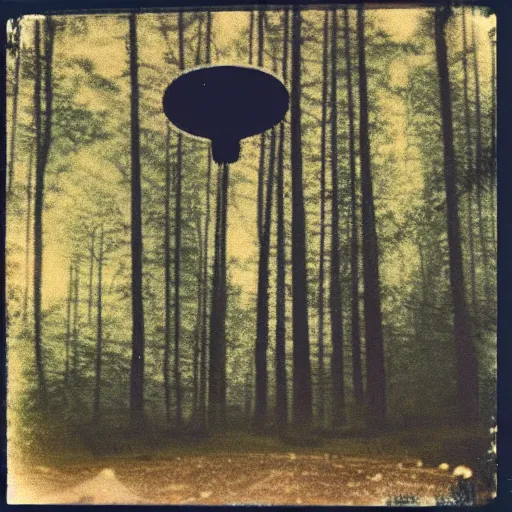 Prompt: a ufo flying over a forest at night, ufo!!!, old polaroid,