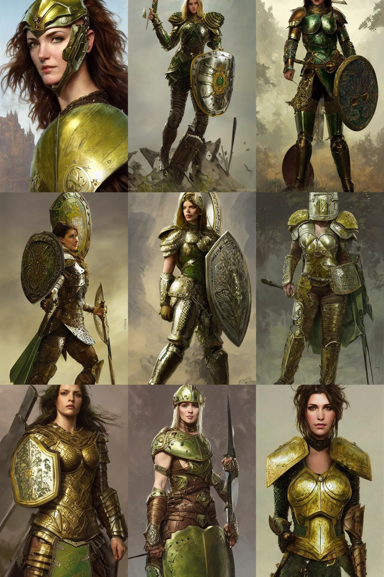 Prompt: full body portrait of a rugged olive - skinned female warrior medium length brown hair and a very highly detailed face wearing elegant white, green and gold plate mail armor intricately painted, holding a tower shield, very highly detailed, artstation, cgsociety, realistic character concept art, sharp focus, by greg rutkowski, and alphonse mucha