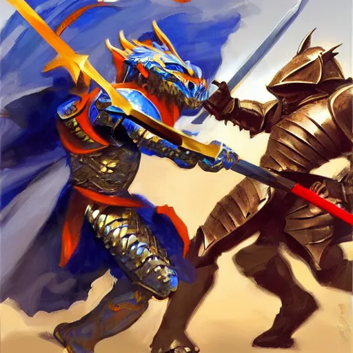 Image similar to dragon fight vs knight in a car, knight in blue armor and wields a gold sword, greg manchess