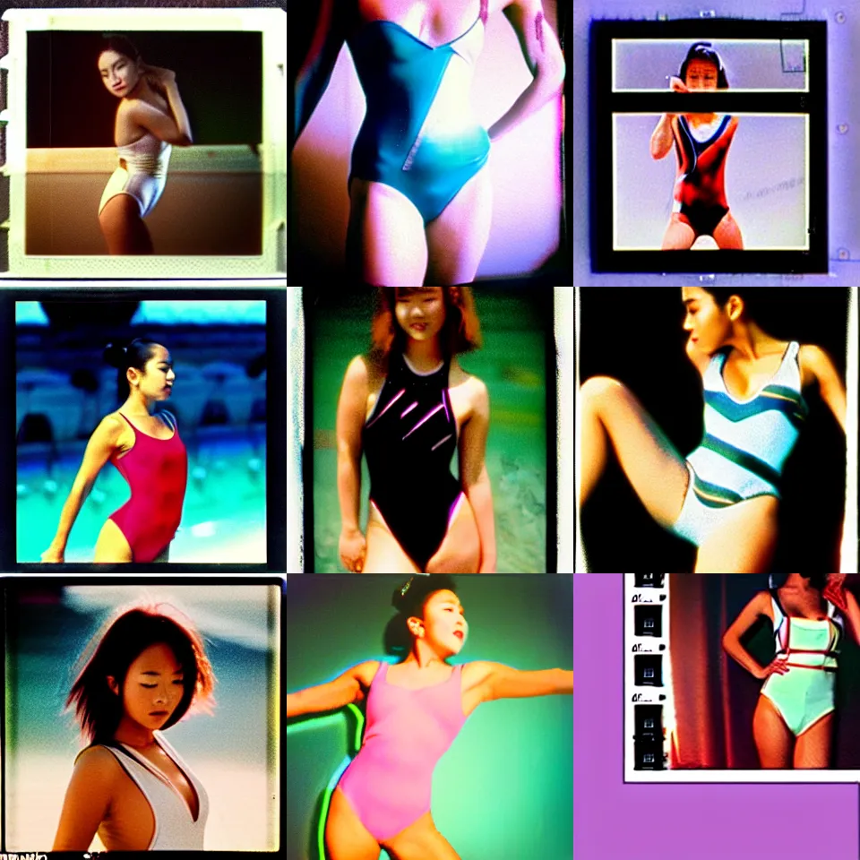 Image similar to epic, cinematic 1 9 9 0 s film still movie shot of a japanese idol wearing leotard swimsuit. instagram photo at behance, polaroid kodak portra, hollywood