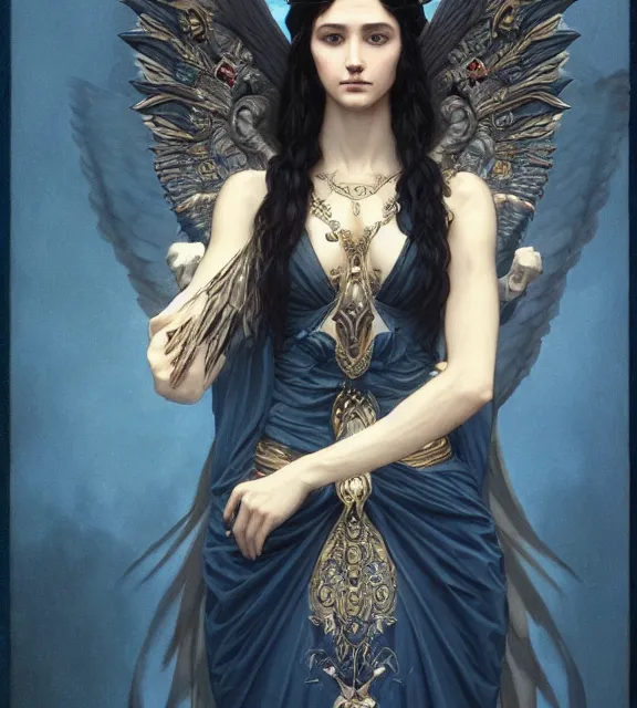 Prompt: god of death, in the underworld, elegant dark blue dress, very detailed, throne, very intricate details, jewelry, delicate tattoos, elaborate long hairstyle, wings, cinematic, artstation, william bouguereau, alphonse mucha, greg rutkowski, rossdraws, octane render