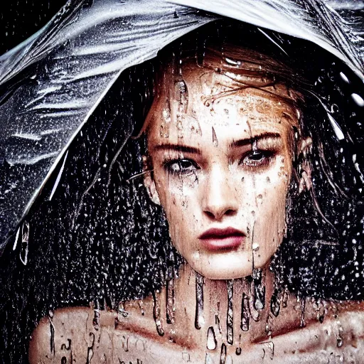 Prompt: close up of face of a wet fashion model in luxury dress, heavy rain, dramatic lighting, official dior editorial, highly detailed