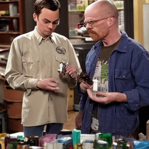 Prompt: sheldon cooper and walter white selling drugs as a couple