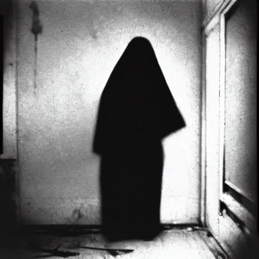 Image similar to unfocused black and white photographs of a ghost in an abandoned asylum | by Daido Moriyama | by Eugene Atget | horror mood | high contrast | terrifying ghost