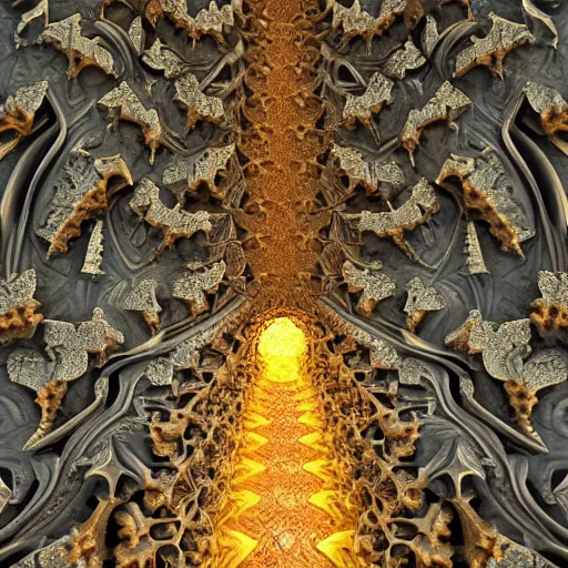 Image similar to a beautiful 3 d stone carving of an intricate mandelbrot fractal cathedral populated by fractals by android jones, carved soap, color scheme, unreal engine, volumetric lighting, dynamic lighting, bright, dramatic lighting, high contrast, carved marble, opalescent, sagrada familia arch, sacred geometry, religious, angelic, catholic punk, stark