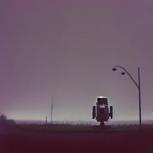 Image similar to the liminal observer droid by dennis mejillones, in a brutalist yet rural landscape by simon stalenhag, 3 5 mm film photography, dawn, eerie fog