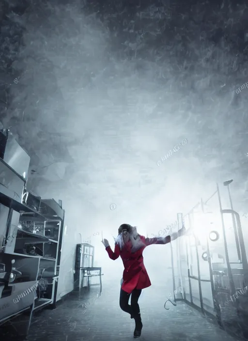 Image similar to a stock photo of a halloween female scientist open lab coat running from a monster in a lab, wide shot, 2 4 mm lens, cinematic lighting, volumetric fog, iso 8 0 0, shallow depth of field, horror movie, award winning