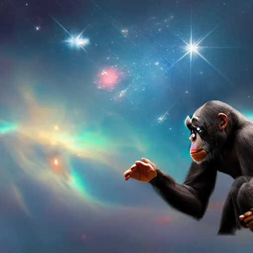 Image similar to a chimpanzee floating through outer space reaching out and touching nebula with it's finger, digital art, 8k